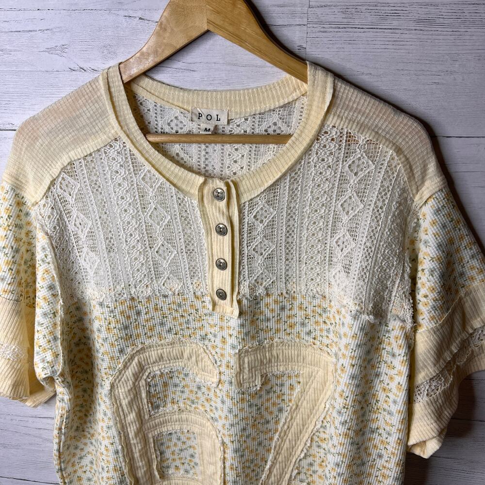 POL Top Womens Size Medium Yellow Number Floral Embroidered Button Lace Detail - Picture 8 of 16